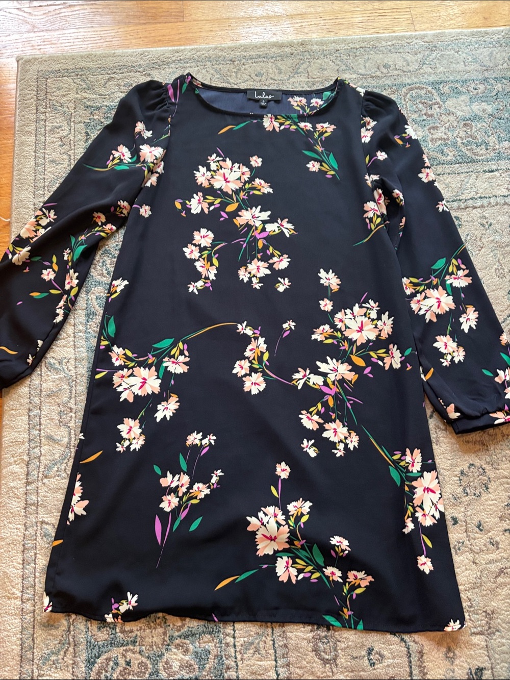 Lulu's Black Floral A-Line Long-Sleeve Dress